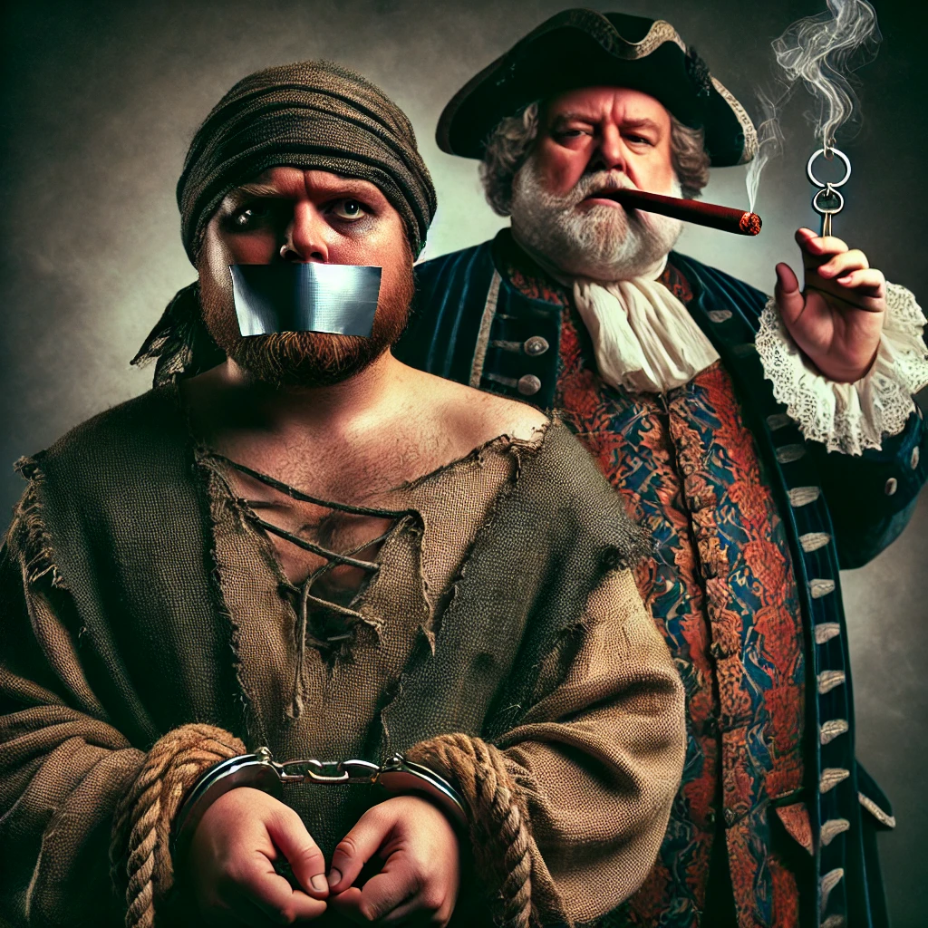 DALL·E%202024 08 10%2013.56.01%20 %20A%20scene%20featuring%20a%20shackled%20medieval%20peasant%20with%20a%20solemn%20expression,%20wearing%20tattered%20clothing%20and%20having%20gaffer%20tape%20over%20his%20mouth,%20symbolizing%20s